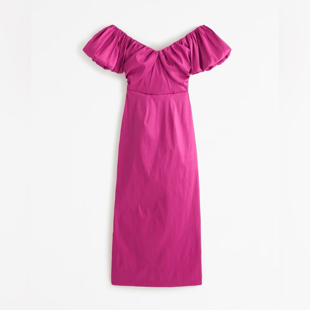 Abercrombie & Fitch Taffeta Off-The-Shoulder Midi Dress Fuchsia Pink XS NWT - Picture 2 of 14